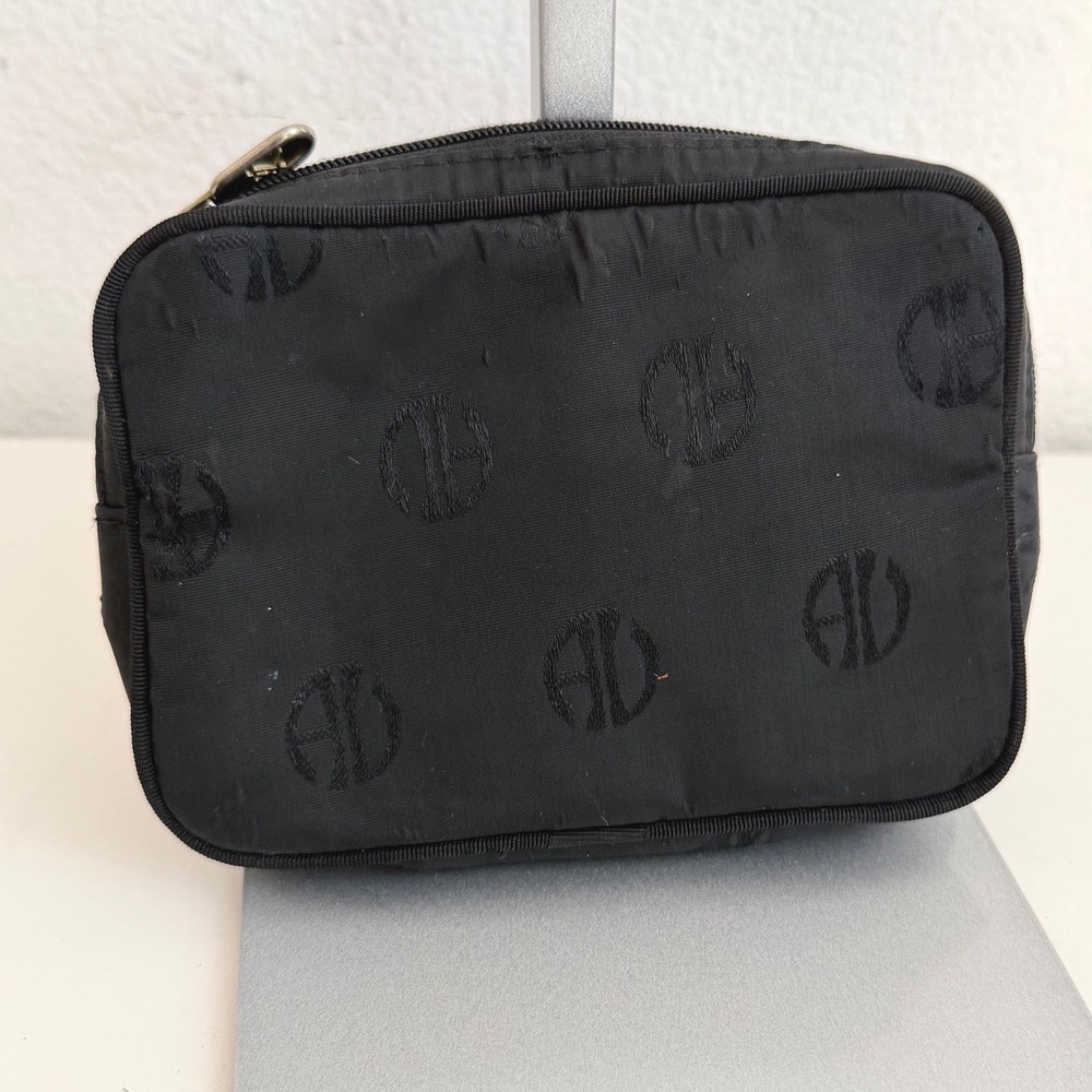 Adrienne‎ Vittadini Black Nylon Monogram Logo Cosmetic Makeup Pouch Travel Bag